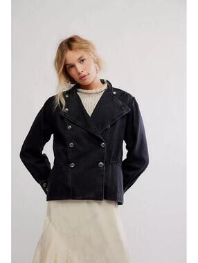 New Free People Imogene Denim Officer Jacket In Black Size L $198